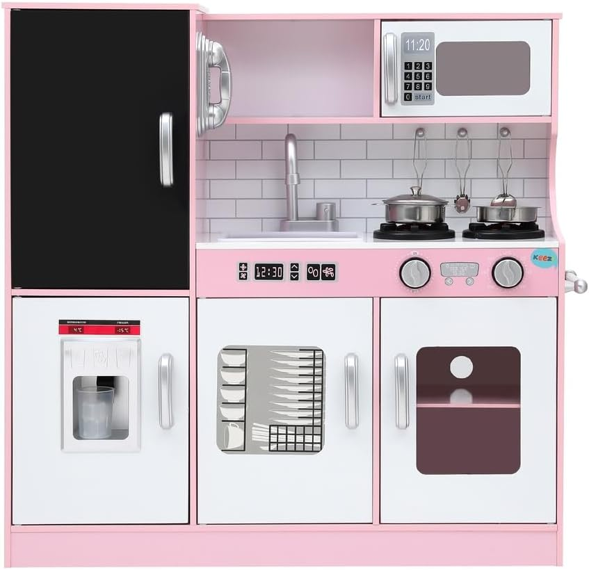 Keezi Kids Wooden Pretend Kitchen Play Set Pot Ice Cup Oven Blackboard 80CM Pink image number 4