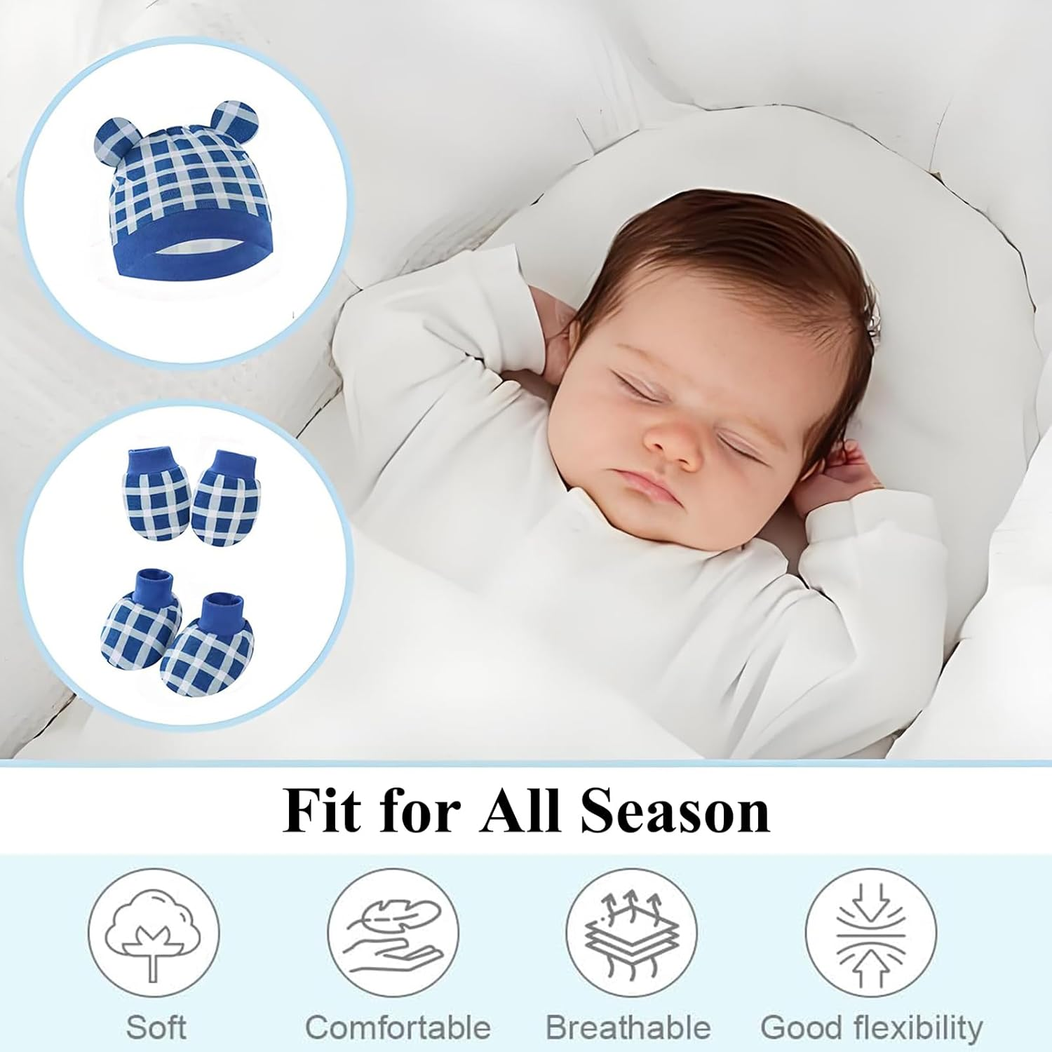 Cotton Baby Mittens Hats Socks - anti Scratch Baby Girl Boys Mittens 15 Pack Hands Gloves Infant Caps Socks for 0-6 Months - Blue image number 6