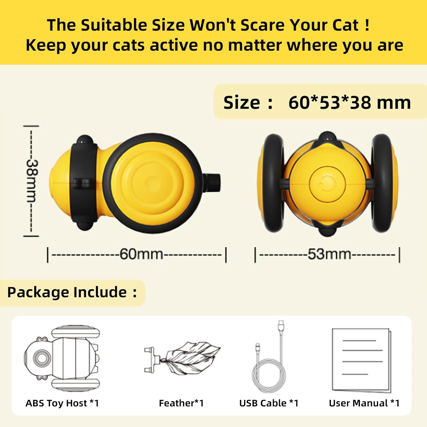PAWCHIE Interactive Cat Toy Bee - USB Rechargeable with Feather, Intelligent Obstacle Avoidance, 360&deg; Automatic Movement, LED Light for Indoor Cats image number 2