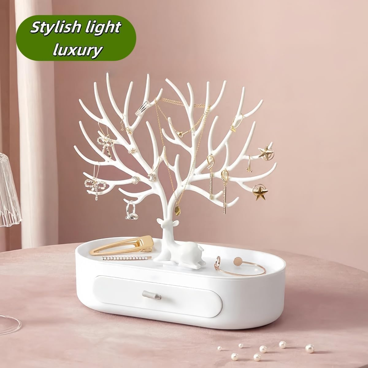 Antler Tree Jewelry Organizer Stand with Storage Drawer and Tray for Necklaces, Rings, Earrings, and Bracelets (Grey) image number 5