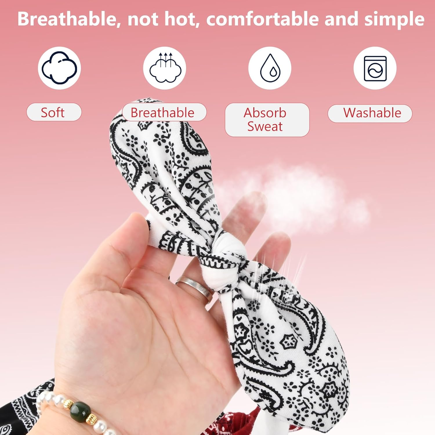 Culinavog Pack of 3 Boho Hair Bands, Women'S Retro Polka Dot Print Headbands, Paisley Print Headband, Boho Bow Bandana, Adjustable Headwrap for Everyday, Sports, Yoga (Red + Black + White) image number 5