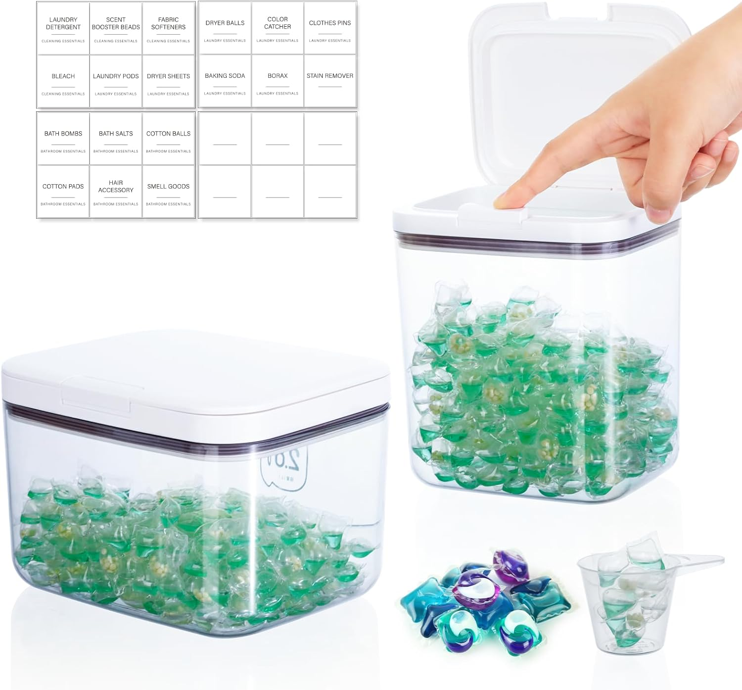 VINATO Set of 2 Laundry Detergent Storage with Lid, Storage Box Made of PET Plastic, Laundry Pods Container Set, Organiser for Detergent, Laundry Beads, Scented Beads, Flour image number 1