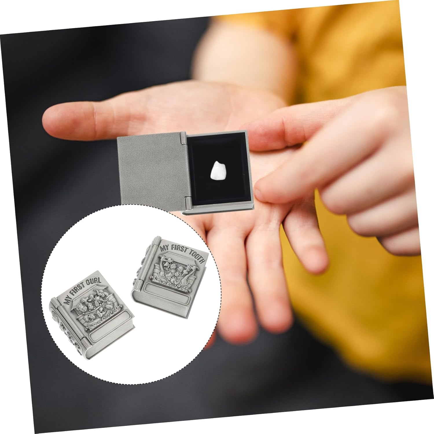 BESPORTBLE Baby First Tooth Cases and First Curl Storage Boxes for Kids, Metal Keepsake Organizers Vintage Treasure Chest Design, Silver Color, 2Pcs Set for Childhood Memory Preservation image number 3