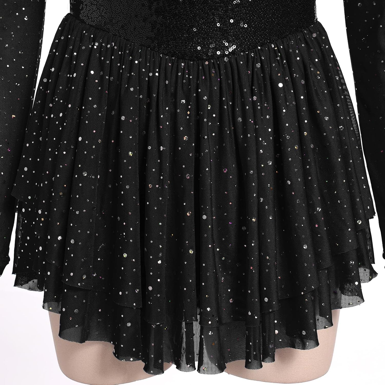 AFAVOM Sequin Figure Skating Dress for Women Long Sleeve Shiny Mesh Rhinestone Ice Skating Dress Ballet Lyrical Dancewear image number 2