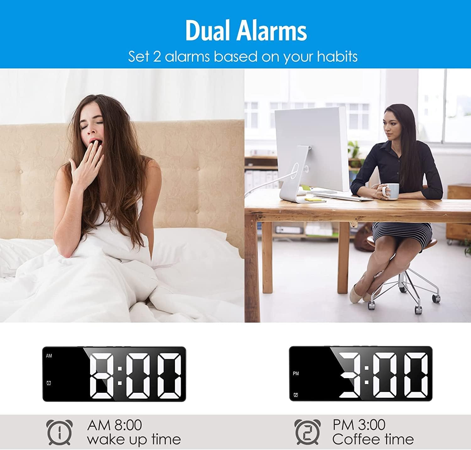 AMIR [New Version] Digital Alarm Clock, LED Alarm Clock for Bedroom, Electronic Desktop Clock with Temperature Display, Voice Control, 12/24H, Small Clock for Bedroom Decor - White image number 7