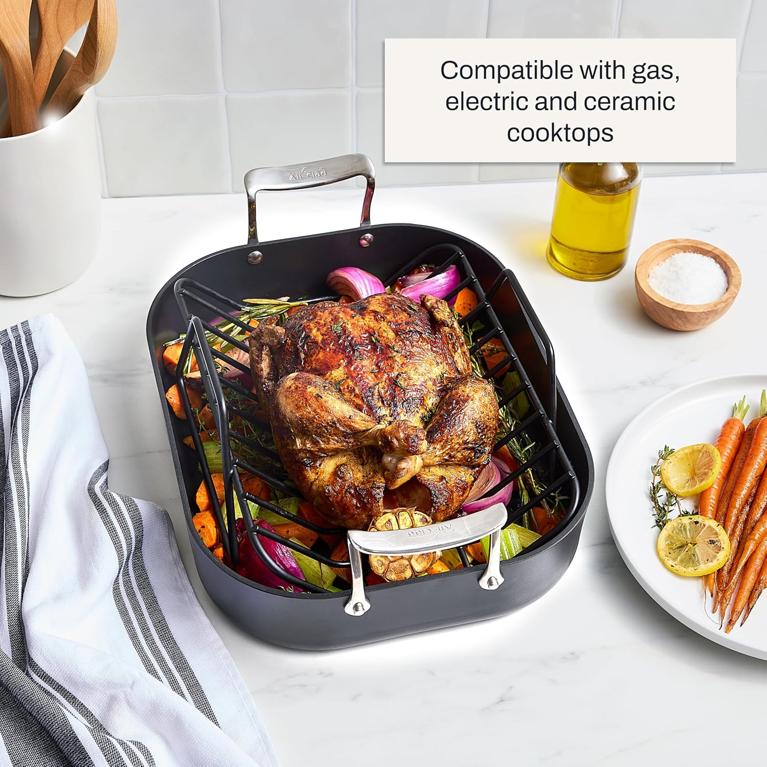 All-Clad Essentials Hard Anodized Nonstick Roaster with Rack 14 X 11 Inch Roaster Pan, Pots and Pans, Cookware image number 2