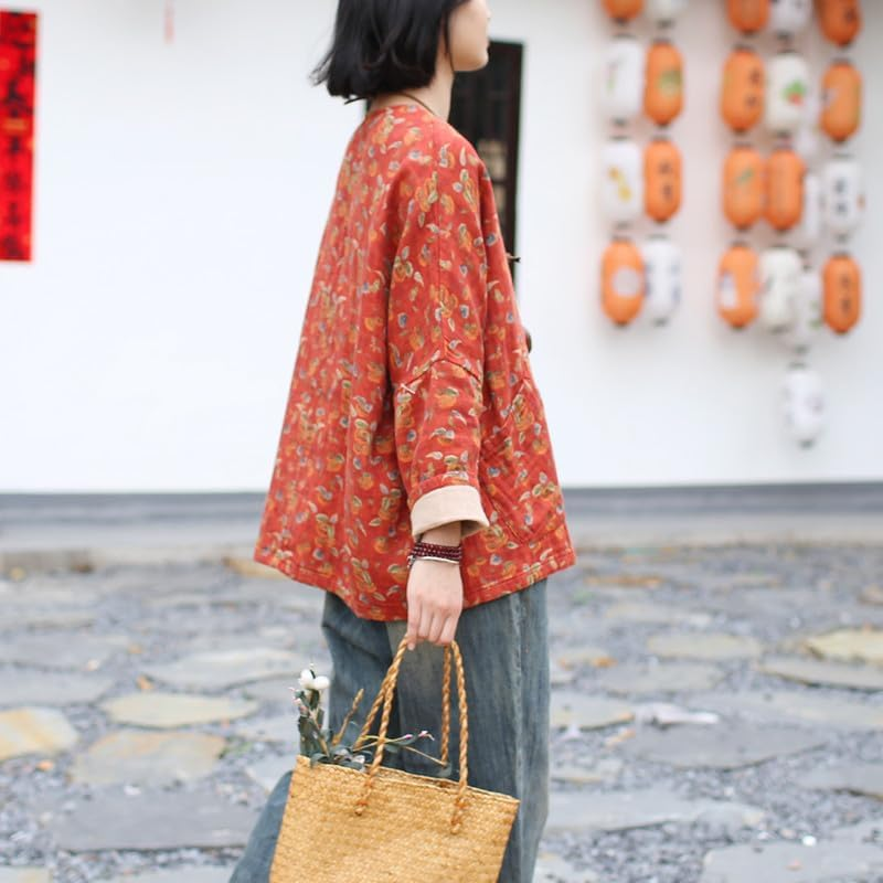 Women'S Vintage Batwing Sleeve Frog Button Jacket Loose round Neck Cotton Linen Ethnic Style Top Orange