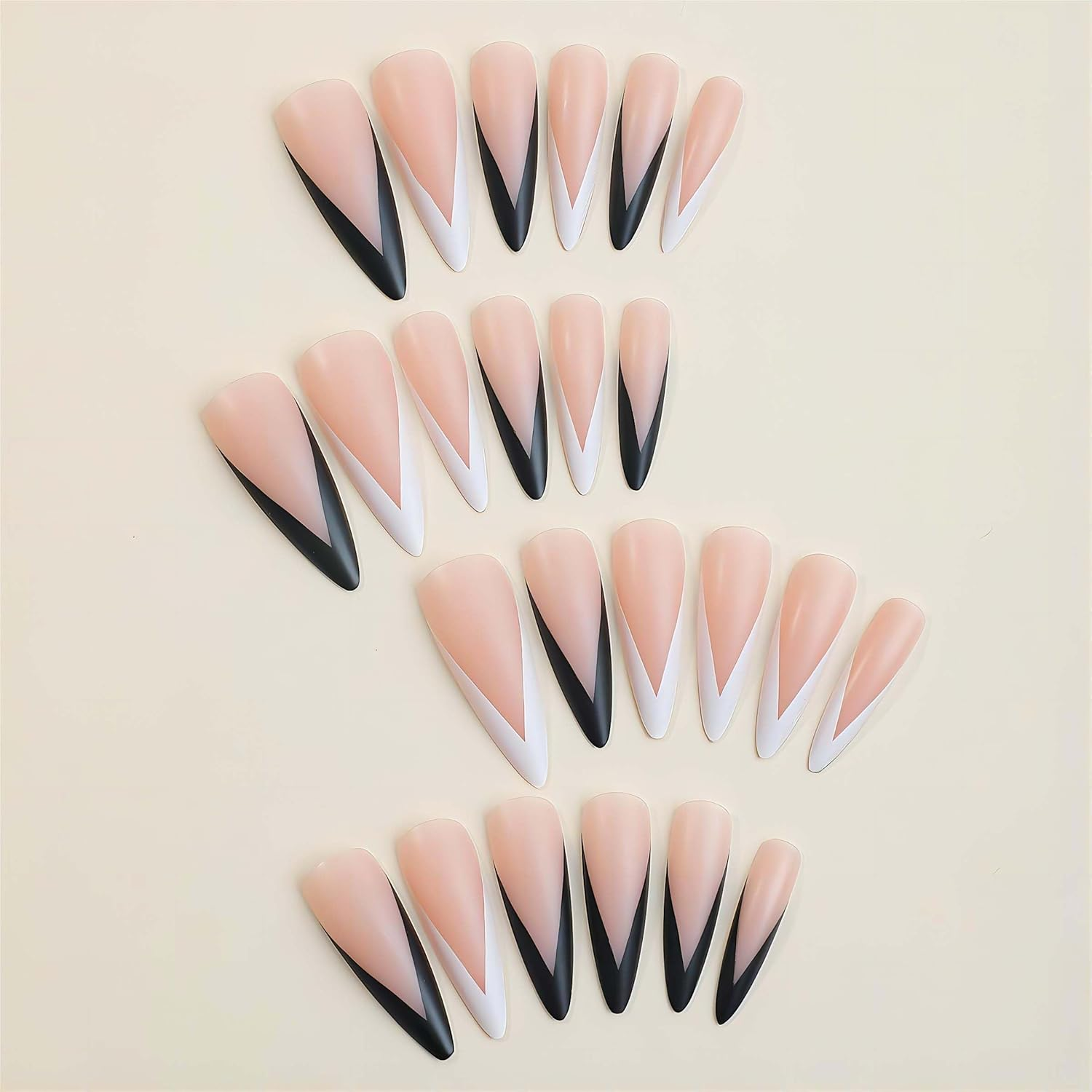 French Tip Press on Nails Long Almond Fake Nails Black and White Double Spell Acrylic False Nails Nude Full Cover Artificial Nails Press Ons Stiletto Stick on Nails for Women Art Decoration 24Pcs