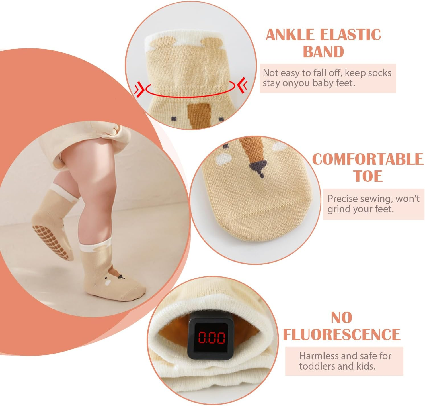 Unisex Baby Non-Slip Socks, Toddlers Kids Soft Cotton Crew Socks with Grippers Crawling Socks for Babies Non-Skid Ankle Socks for Boys Girls Newborn Infant 0-12 Months/1-3/3-5 Years image number 1