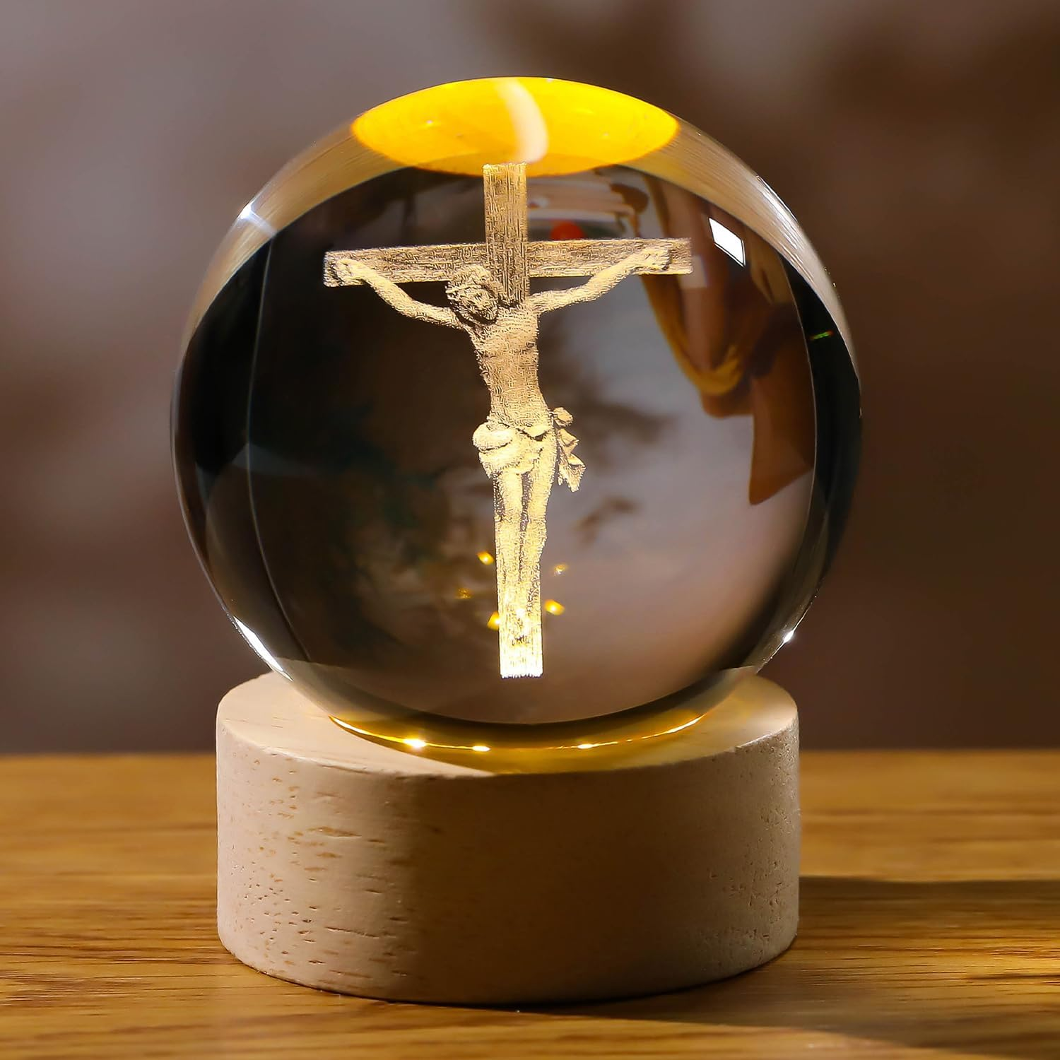 3D Crystal Ball Cross Night Light Desk Table Lamps, with Glowing Base, Laser Engraved Praying in Hand Crucifix Easter Decoration Christian Catholic Religious Gifts (Jesus Cross) - Biblical Cross image number 2
