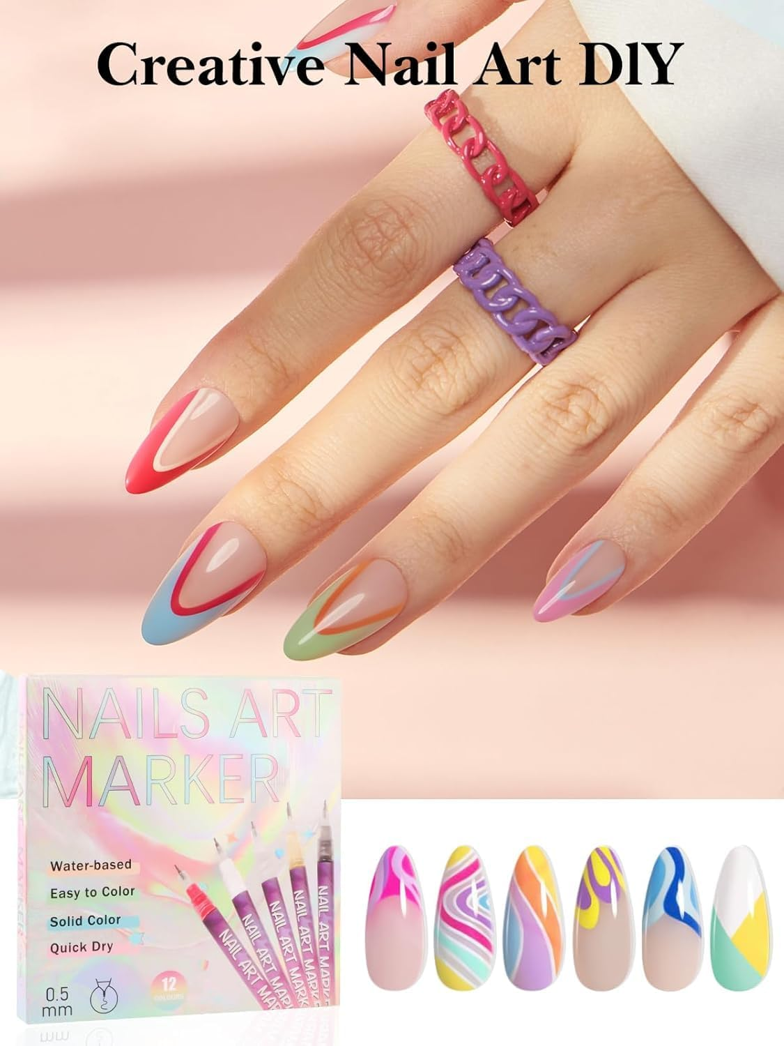 EBANKU 12 Colors Nail Art Pens Set, 3D 0.7MM Nail Polish Pens Quick-Drying Nail Art Acrylic Paint Nail Point Dotting Liner Pen Tools for Home & Salon Nail DIY