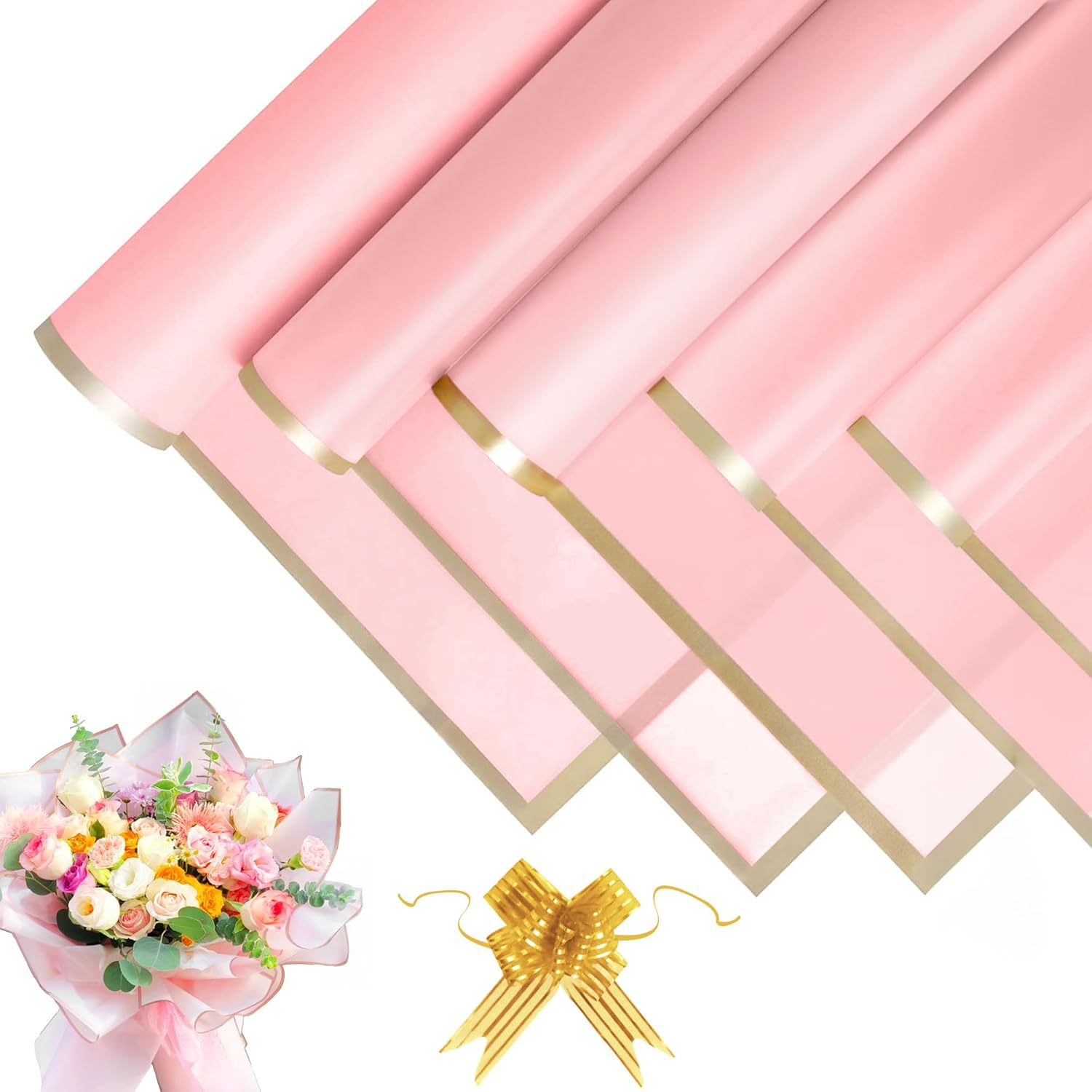 JOYIT 20 Sheets Flower Wrapping Paper - White, 22.8''X22.8'' with Ribbon, Waterproof, Perfect for Wedding, Birthday, Flower Shop, DIY Craft