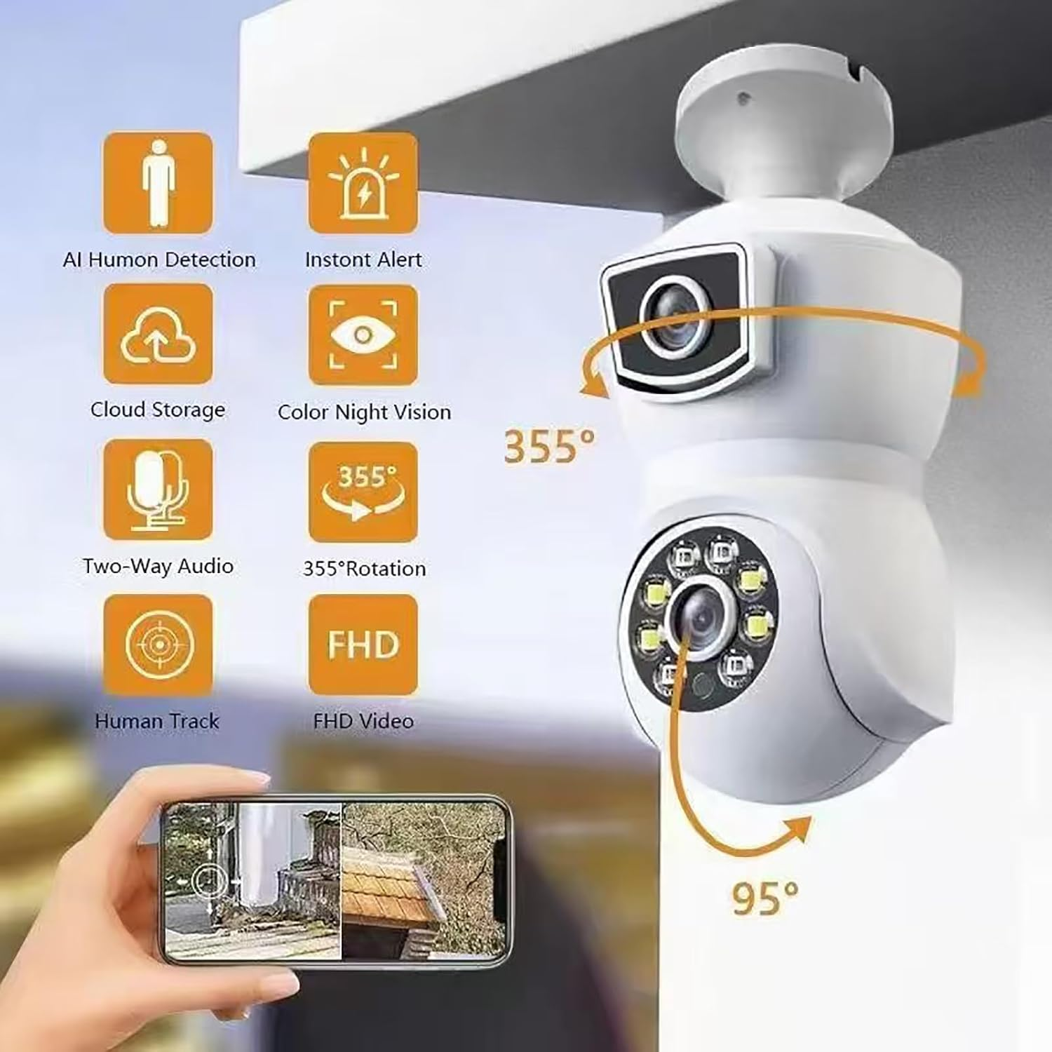 Wifi Dual Lens Security Light Bulb Camera,360&deg;Anoramic Humanoid Tracking Night Vision Motion Detection Cloud Storage IP Surveillance (Black) - Black image number 6