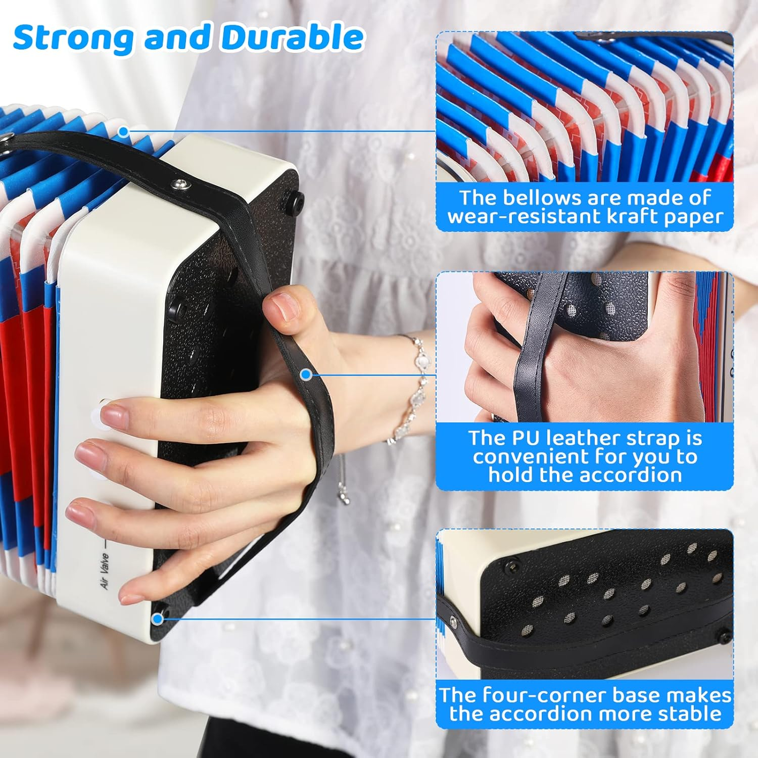 LIFERUN Accordion Instrument, 10 Keys Button Accordion Button Accordion, Kids Accordion, Gifts for Kids Children Beginners, Lightweight and Environmentally-Friendly (White) image number 3