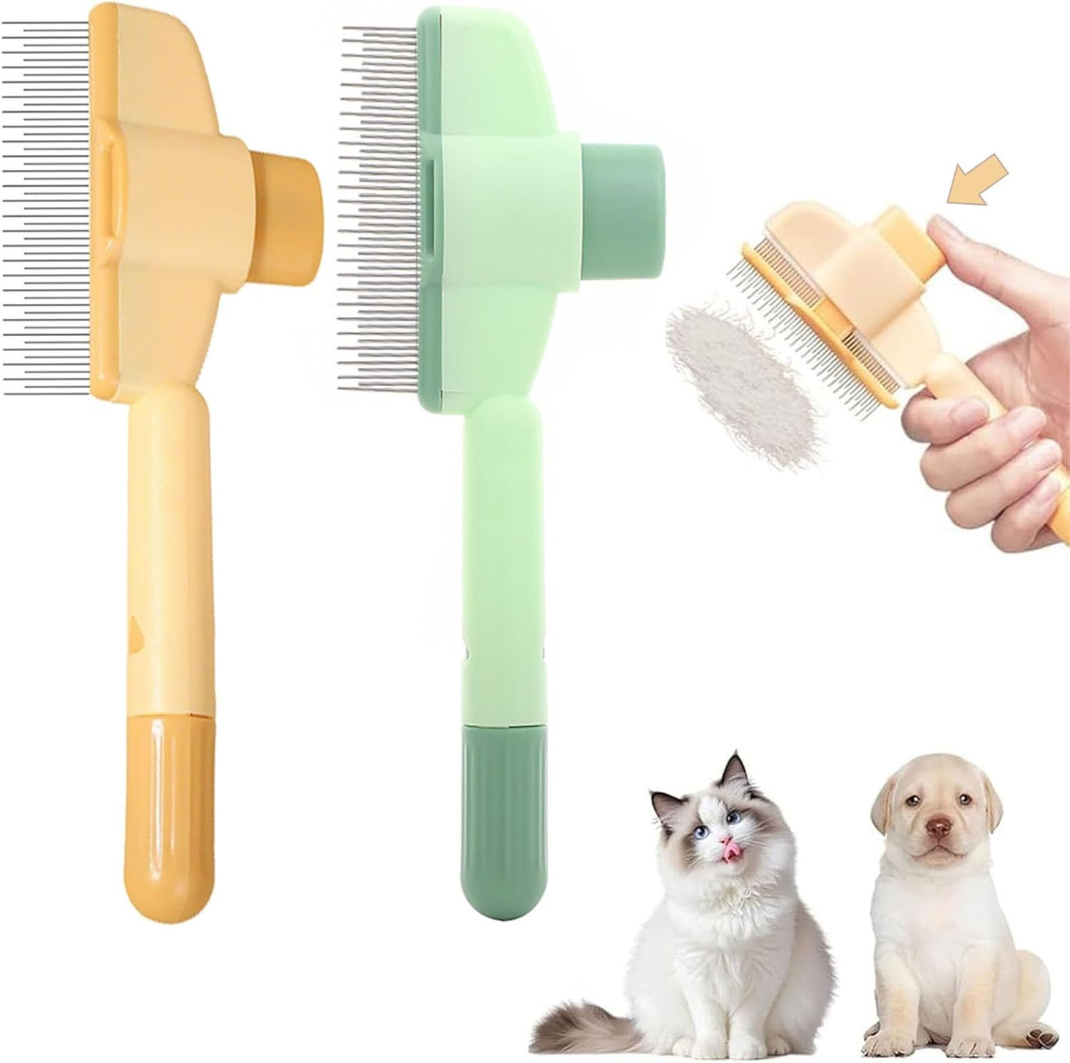 Cat Comb, Green, Self-Cleaning Flea Comb for Cats and Dogs, Cat Brush with Release Button, Self-Cleaning Grooming Brush, Fur Flash Brush, Dog Brush, Pet Brush for Long Short Hair Care