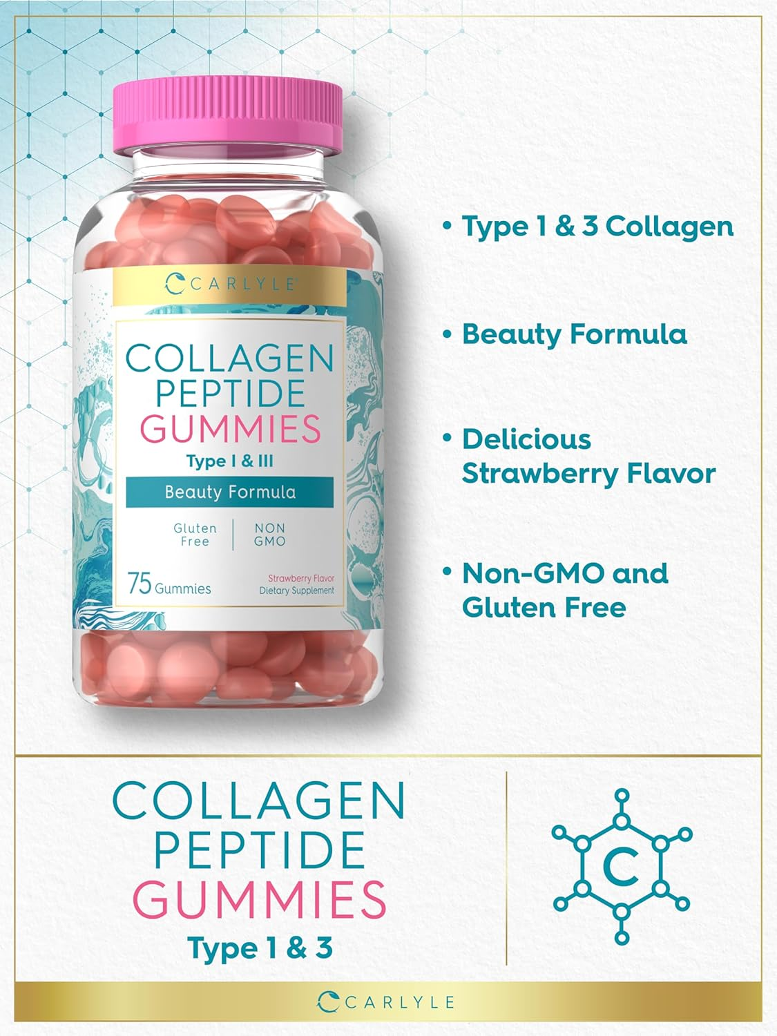 Carlyle Collagen Gummies | 180 Count | Type 1 & 3 | Strawberry Flavor Beauty Supplement | Hydrolyzed Collagen for Women & Men | Non-Gmo, Gluten Free