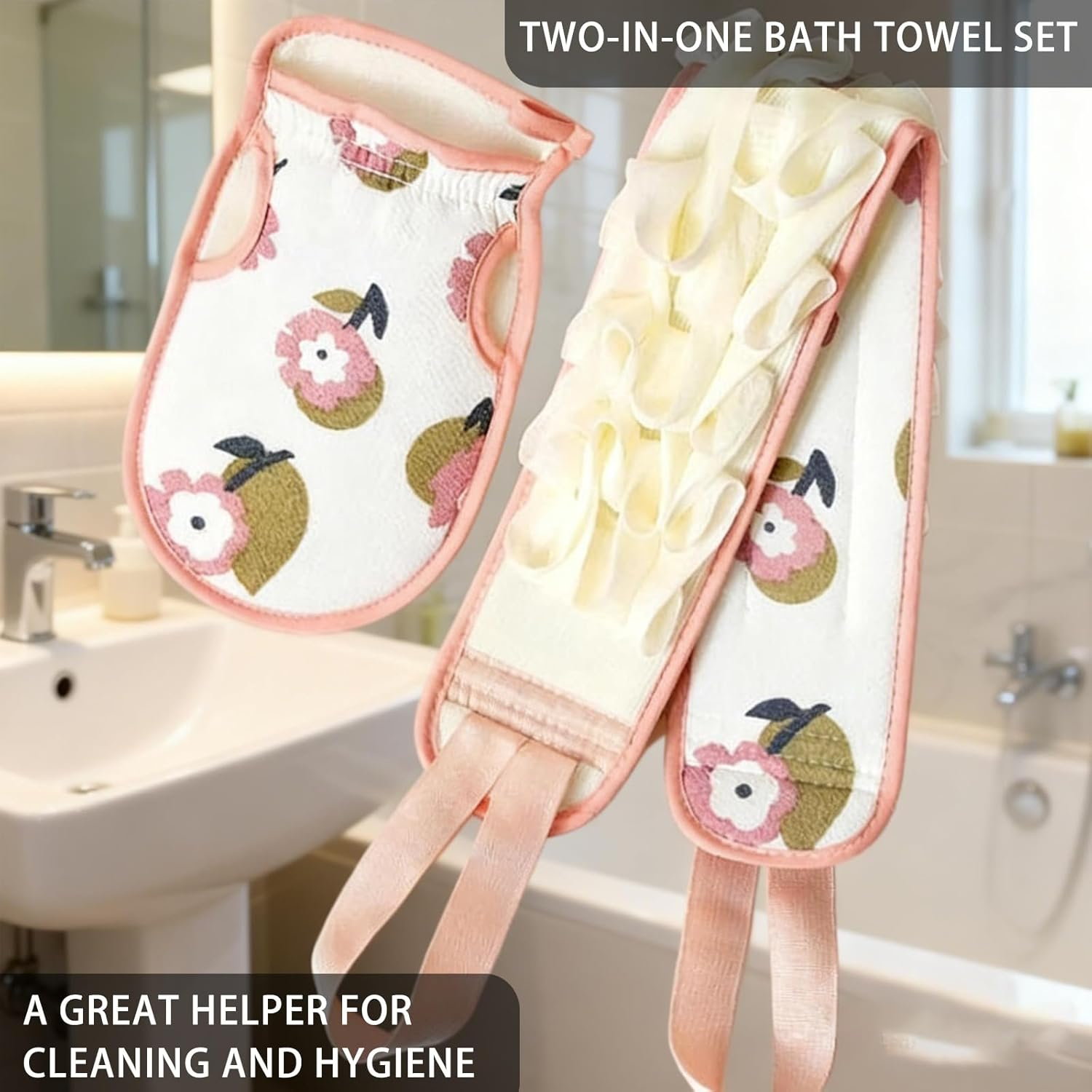 2Pcs Back Scrubber with Long Handle & Body Scrubber, Exfoliating Towel and Mitt Set for Shower and Bath (Pink) image number 1