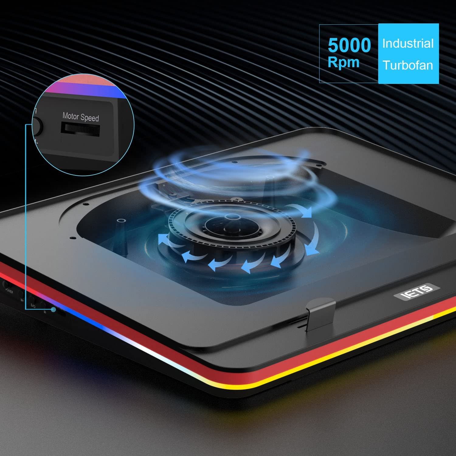 IETS GT500 Powerful Turbo-Fan RGB Cooling Pad (4600 RPM) with Infinitely Variable Speed, Seal Foam for Rapid Cooling, Dust Filter, Compatible with 13-17.3 Inch Gaming Laptops - S2(Rgb) image number 6