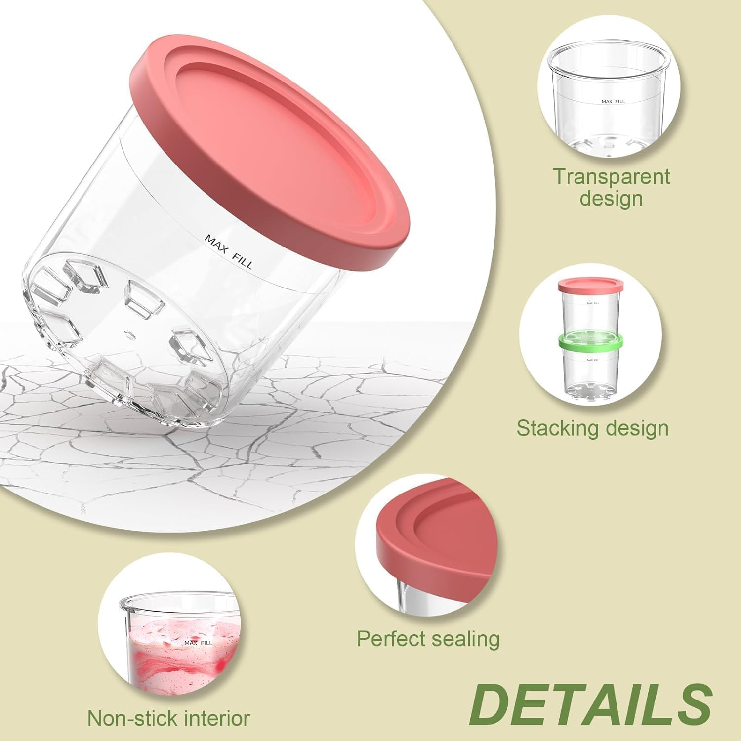 MKUCCD Creami Pints and Lids for Ninja - 4 Pack, 16 Oz Cups Compatible with NC301 NC300 NC299AMZ NC290 Series Ice Cream Maker-Dishwasher Safe, Bpa-Free, Leak Proof image number 4