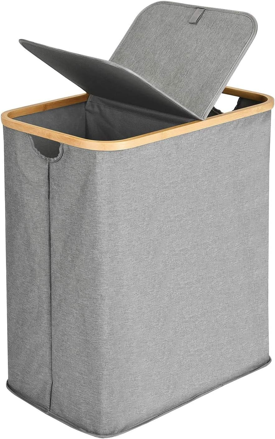 ALINK Divided Folding Bamboo & Canvas Laundry Hamper- Double Large Laundry Basket with Lid - Modern Collapsible Hamper with Handles, Waterproof Liner, Great for Adults, Bedroom, Bathroom, Living Room image number 1