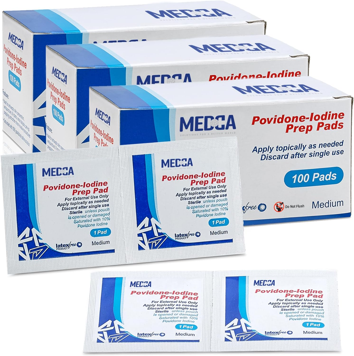 Iodine Prep Pads - (Box of 300 Count) Iodine Prep Solution Pads, 10% Povidone Iodine Swabs for Individual Disposable Cotton First Aid image number 1