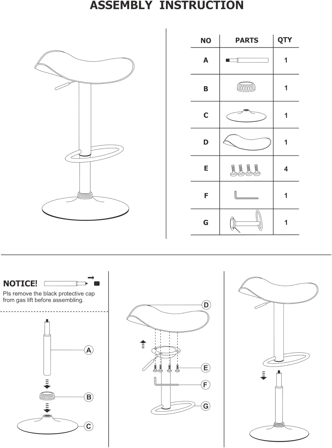 Fiesta New PU PVC Leather Bar Stool Kitchen Chair Gas Lift (Black) image number 4