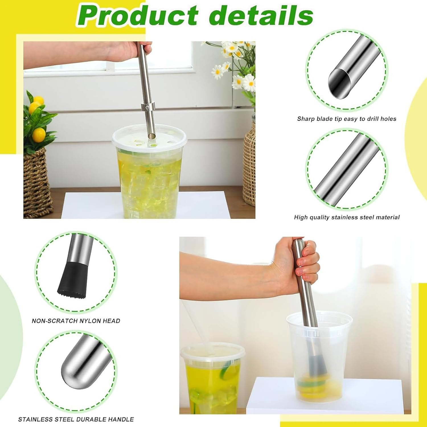Humdcdy Lemonade Muddler and Straw Puncher Set - Lemonade Muddler Hole Punching Tools | Ergonomic Beverage Mixing Tool Drinks Making Supplies for Kitchen Picnic Home Barbecue Restaurant image number 1