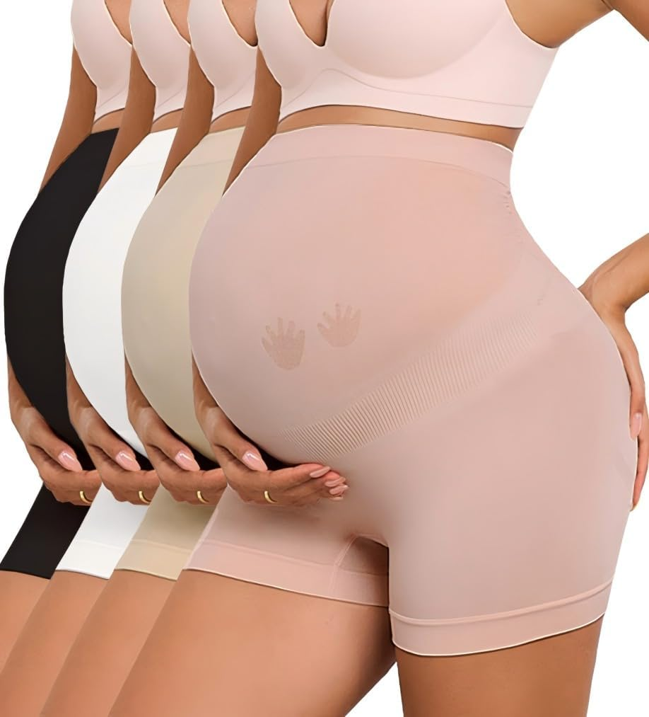 Maternity Shapewear for under Dresses Seamless Pregnancy Shorts over the Bump Maternity Underwear Belly Support 4-Pack
