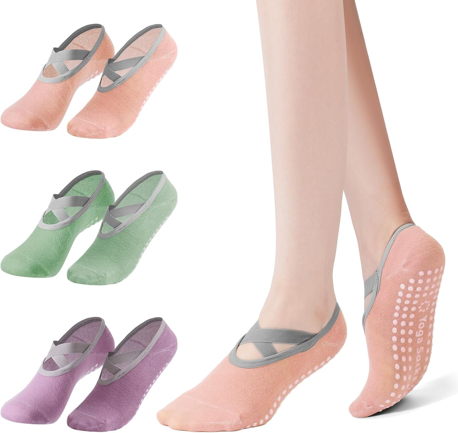3 Pairs Pilates Socks with Cross-Straps for Women, Anti-Slip Pilates & Yoga Socks with Grips for Ygoa, Barefoot Exercises, Hospital, Indoor Workouts - Beige+Milk Tea+Grey image number 4