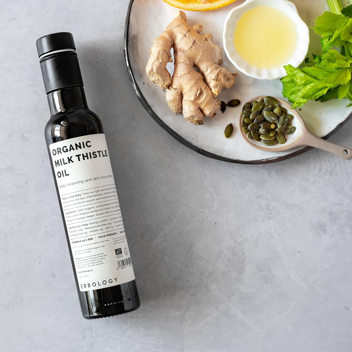 Erbology Organic Milk Thistle Oil 250Ml - Cold-Pressed - High in Vitamin E - Detoxifying - Straight from Farm - Non GMO - No Additives or Preservatives - Recyclable Glass Bottle image number 1