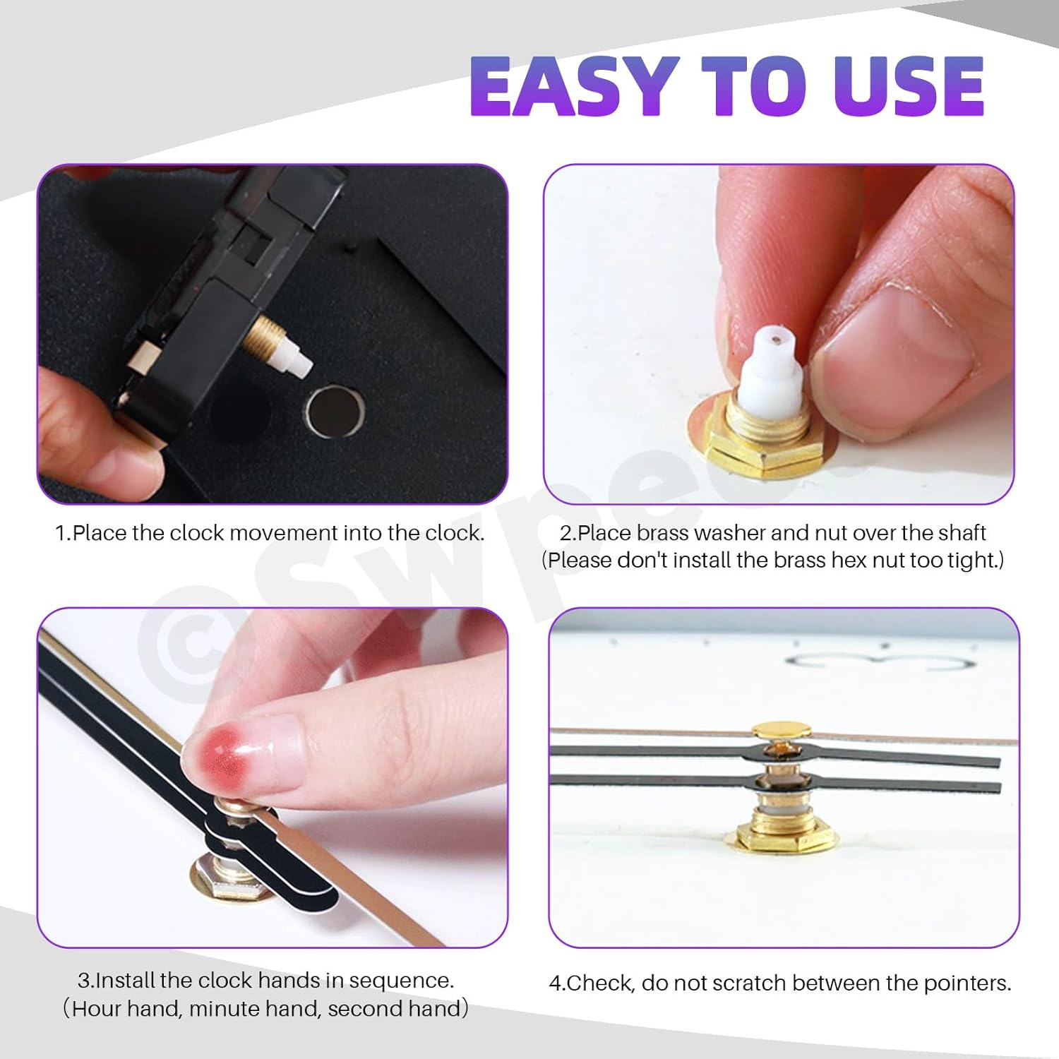 Swpeet 6 Pcs 13Mm / 0.51 Inches Long Shaft Clock Movement Mechanism Kit, 6 Clock Movement with 6 Hooks, 6 Different Pairs of Hands Clock, 6 Sets Mounting Hardware, 2 Set Clock Numerals for DIY Clock image number 5