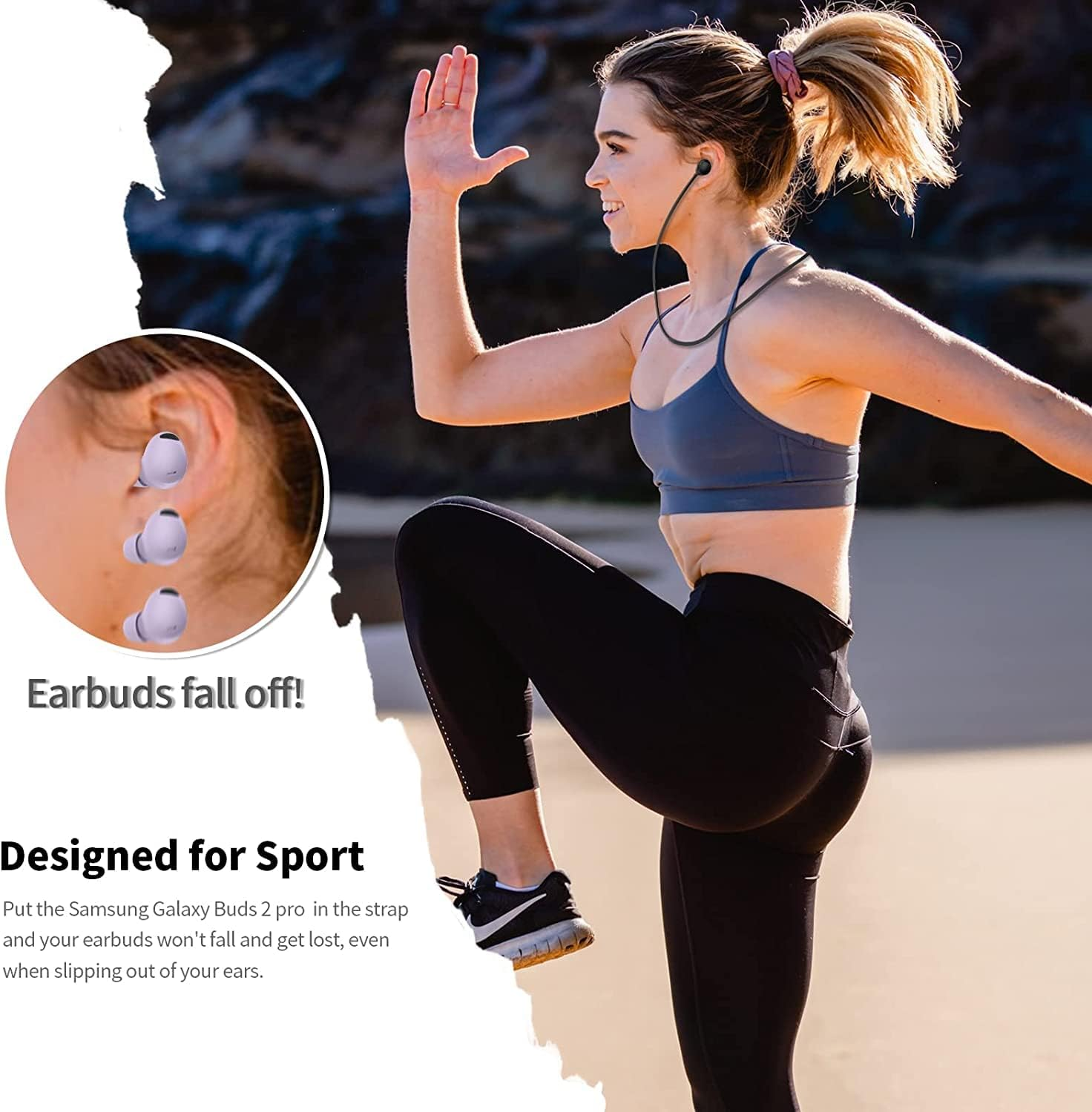 Anti-Lost Strap for Galaxy Buds 2 Pro (2022): AIYAAIYA Sports Soft Silicone Lanyard Accessories Compatible with Samsung Galaxy Buds Pro 2 Wireless Bluetooth Earbuds Neck Rope (Black + White) - Black+Blue image number 2