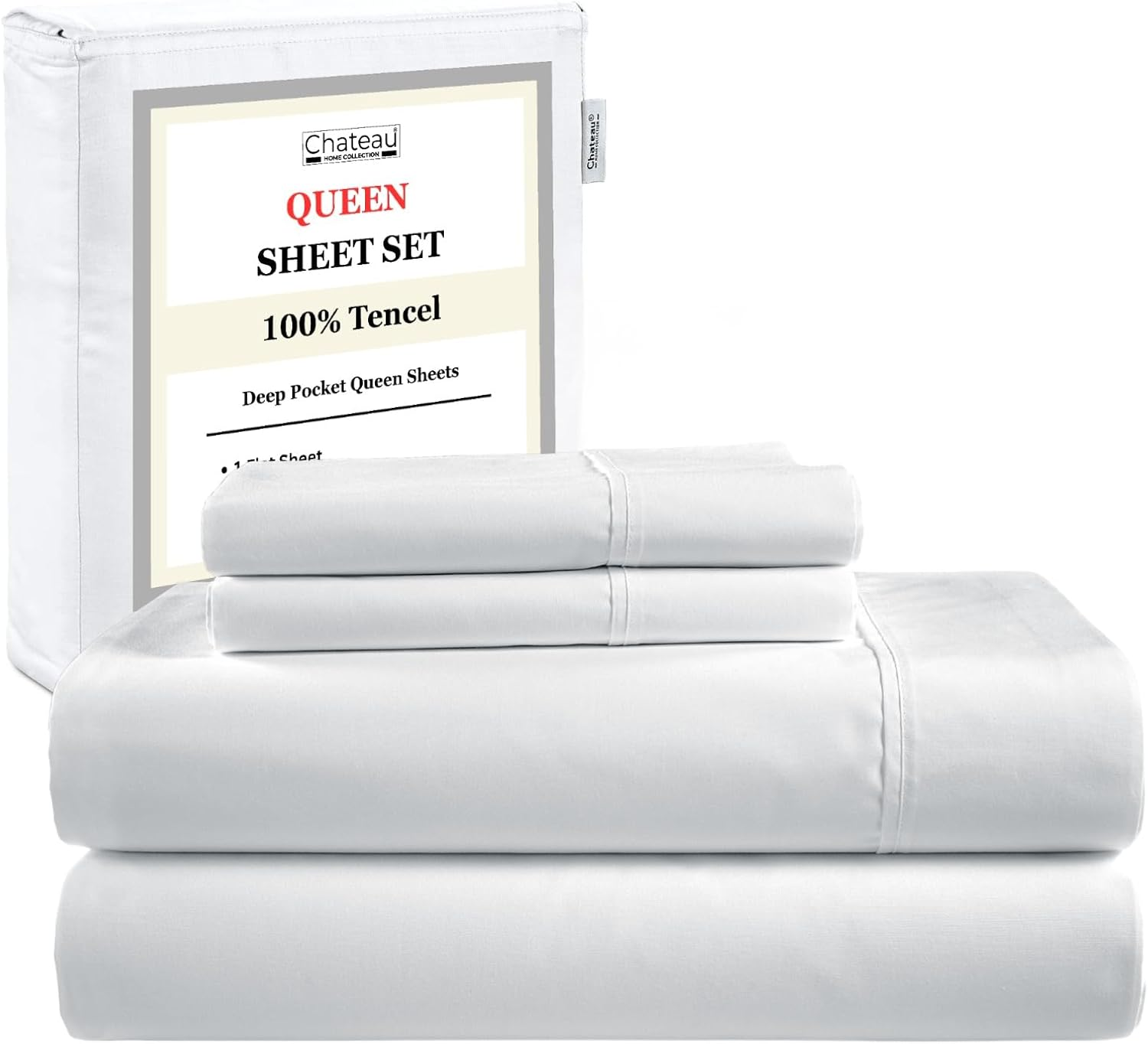 CHATEAU HOME COLLECTION Queen Sheet Set, Ultra Luxury Tencel, 4 Piece, White, Solid, Queen Size, Breathable, Cooling, Deep Pockets, Superior Softness image number 2