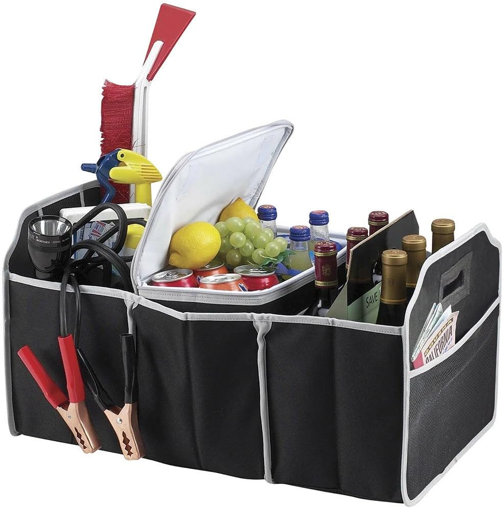 Kuber Industries Deluxe Collapsible Car Boot Organiser with Cooler Bag, Black