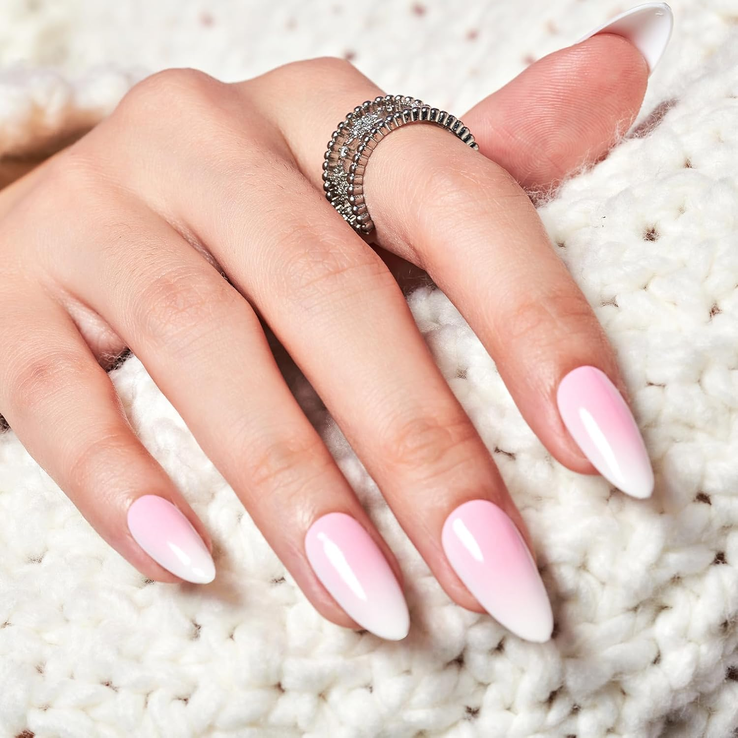 GLAMERMAID Black False Nails - French Tip Almond, 24 Pcs Reusable Stick on Nails Kit for Women Salon