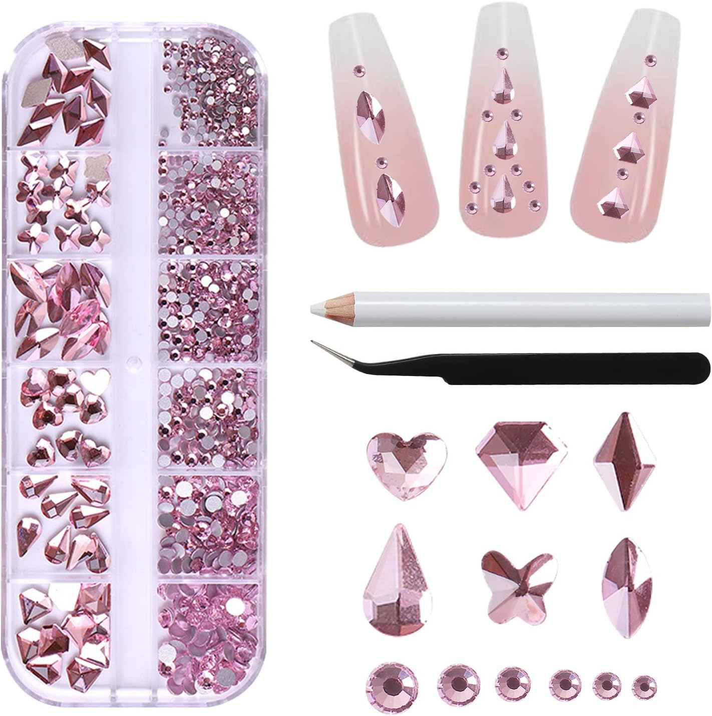 Nail Rhinestones Nail Art Gems Crafts Crystals Glass Decorations Set Ab Rhinestones Flatback Design Face Clothes Shoes Decor Diy Acrylic Nail Art Decoration(Pink)