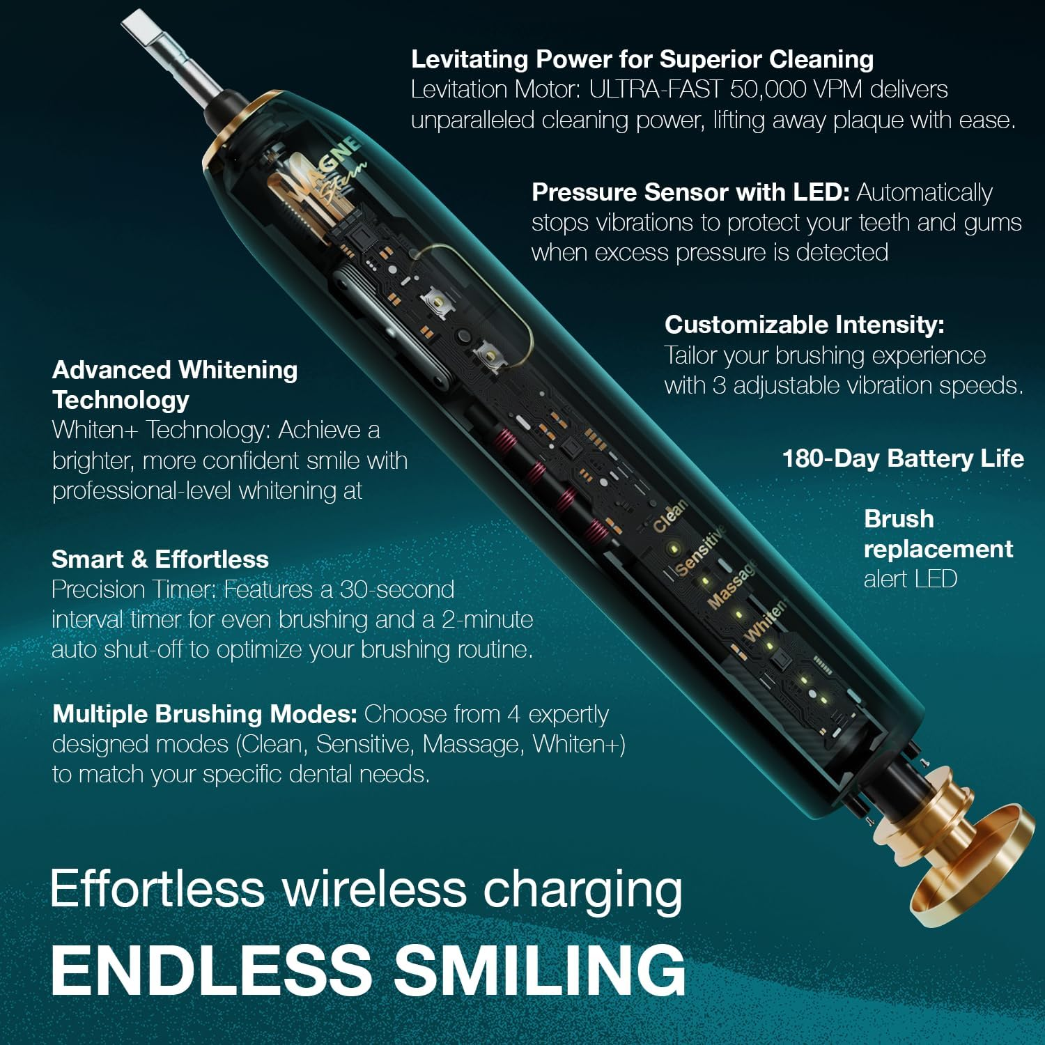 Wagner Stern Intellibrush Series Whitening Electric Toothbrush with Pressure Sensor. Offers 4 Brushing Modes, 3 Intensities, 8 Soft Brush Heads, and a Luxury Travel Case. image number 4
