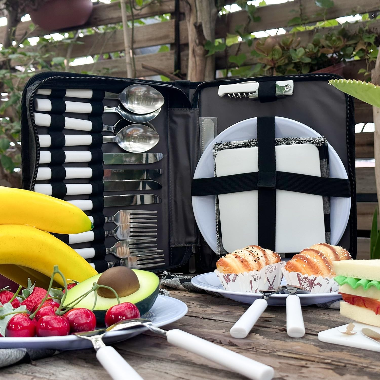 Picnic Set for 4 - Includes 24 Pcs, Portable Travel Utensils with Case, Reusable Camping Cutlery Plates, Stainless Steel of Spoons and Forks, for Hiking, Camp, BBQ, Gift (Grey) image number 2