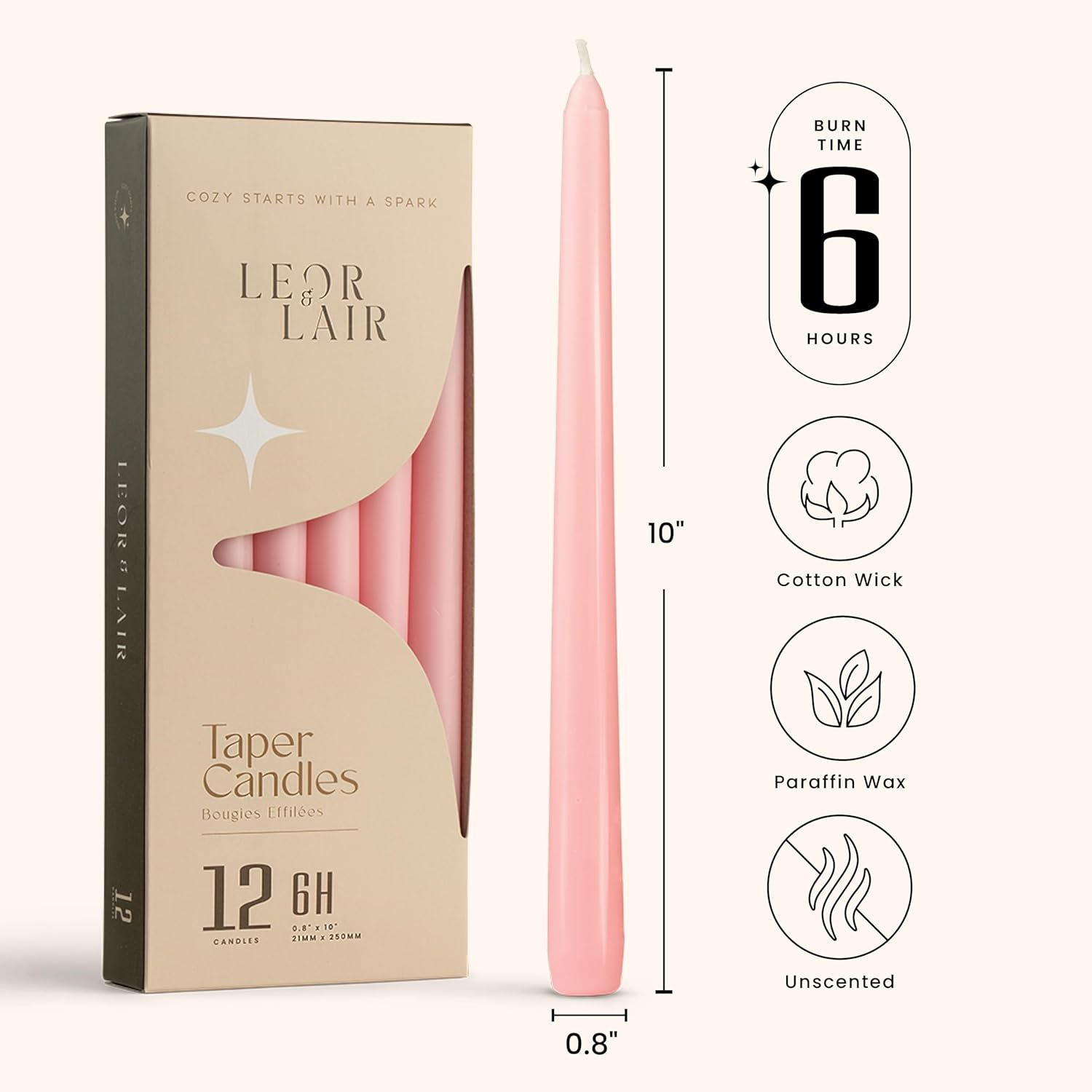 Leor & Lair Light Pink Taper Candles - 12 Pack 10" Pink Candlesticks - Unscented Blush Candles for Weddings, Mother&rsquo;S Day, Baby Showers, Dinner Table & Holiday Decor - Black image number 2