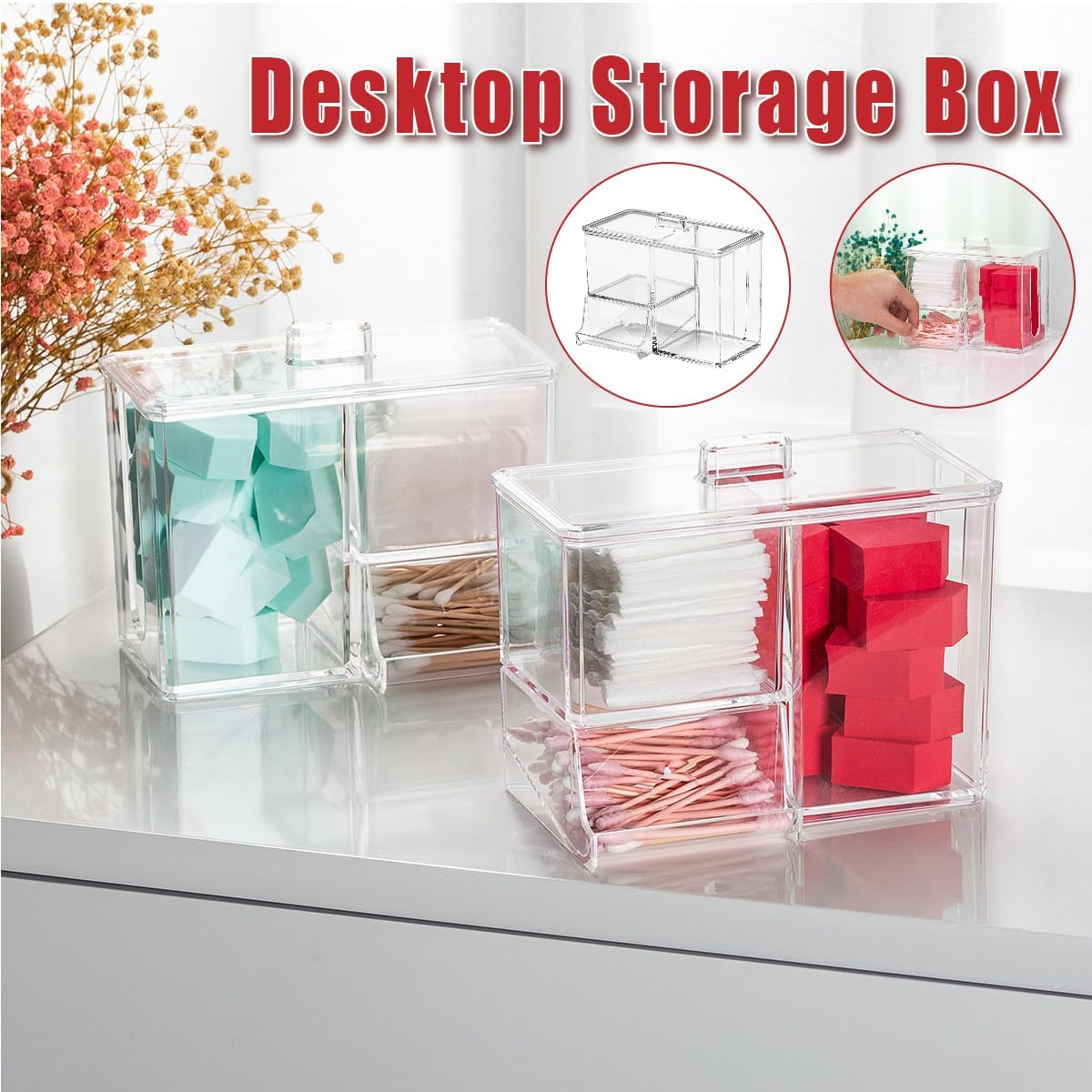 AIMALL Transparent Plastic Makeup Organizer Cotton Swab Box with U-Shaped Access, 7 in X 4.3 in X 5.6 in Waterproof Dust-Proof Desktop Storage Container image number 6