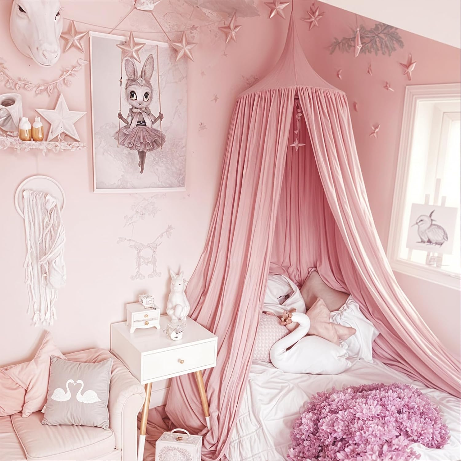 Princess Decor Canopy for Kids Bed, Soft and Durable Bed Canopy for Girls Room Tent Canopy Dreamy Mosquito Net Bedding, Children Reading Canopies Indoor(Pink)