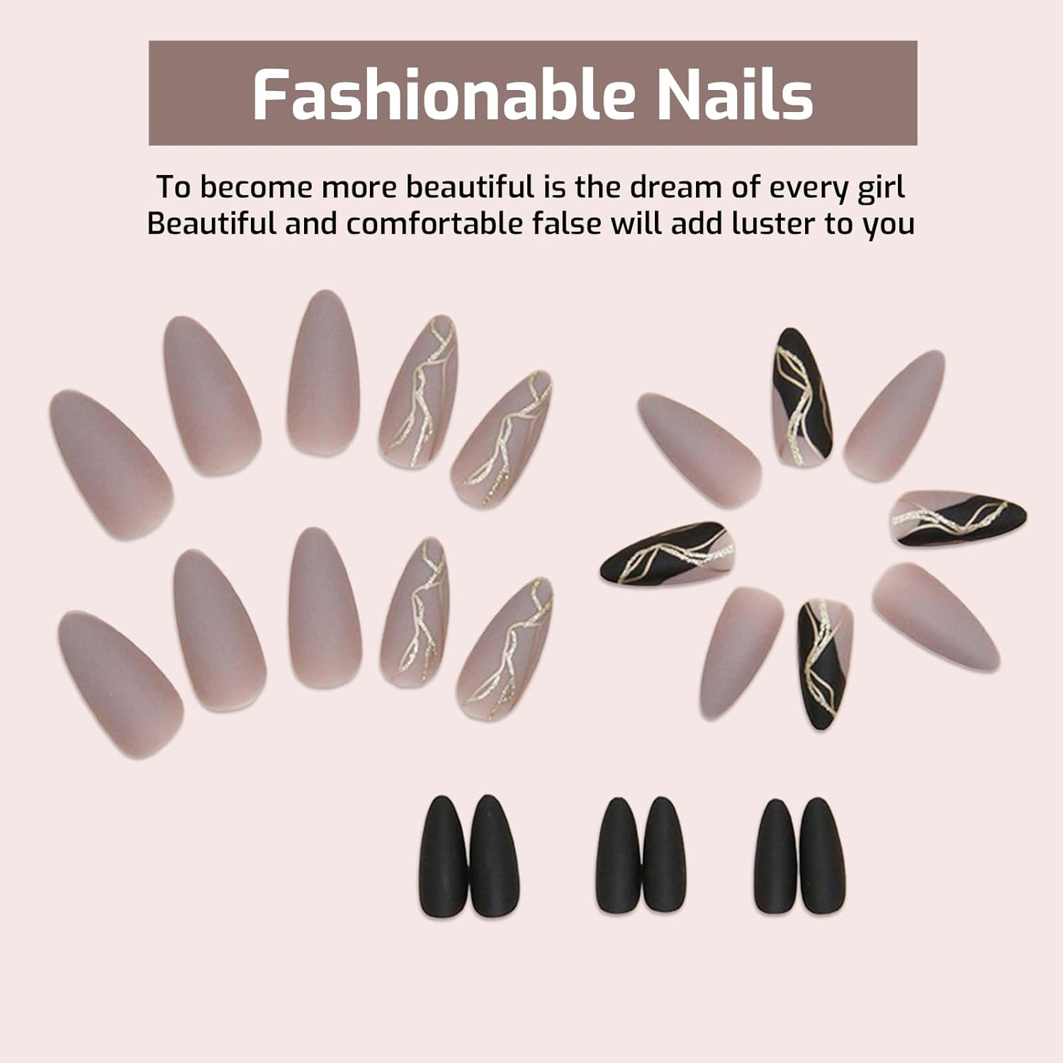 Tzylomirx 24 Pcs Press on Almond Nails with Metal Line Design, Medium Length French Tip Elegant and Stylish Coffin False Nails, Glossy Full Cover Acrylic Nails Ideal for Women & Girls image number 2