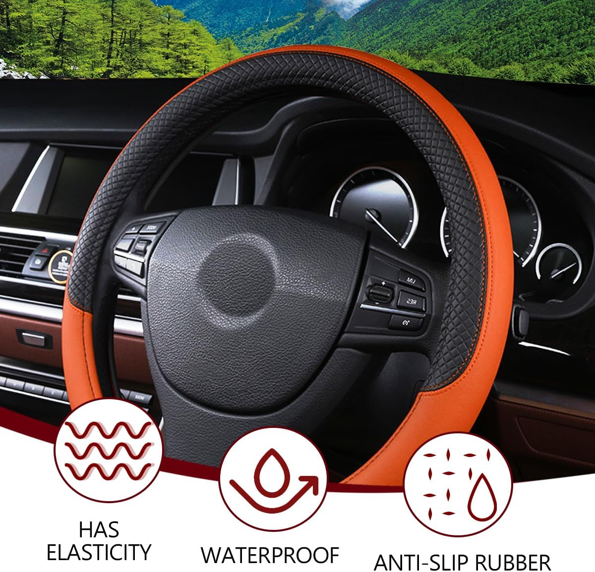 FALVFUN Car Steering Wheel Cover, 15 Inch Elastic Stretch Leather Vehicle Steer Wheel Cover Protector, Anti-Slip Breathable Automotive Interior Protection Accessories, Universal Fit (Black/Orange) - Black/Blue image number 5