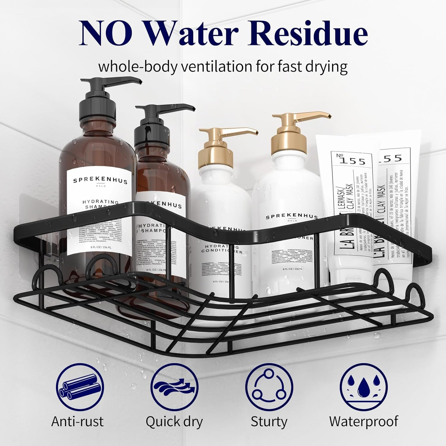 Kitsure Corner Shower Caddy - 2 Pack Rustproof Shower Shelf, Durable Bathroom Caddy with Large Capacity, Drill-Free Adhesive Bathroom Shelf with 4 Movable Hooks, 11.0 X 21.5 X 4.5 Cm, Black image number 2