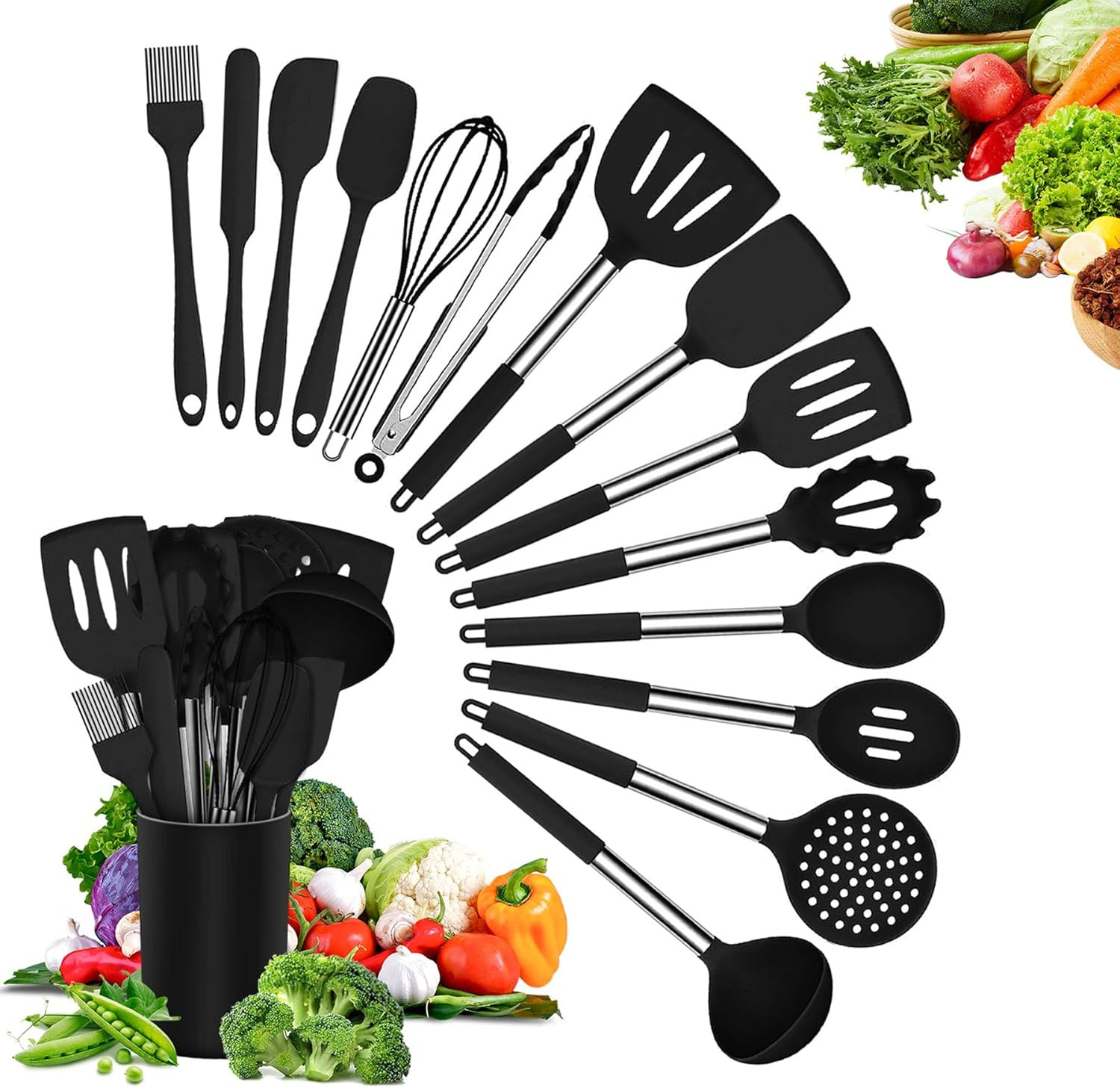 Kitchen Utensils Set, 15 Pcs Silicone Cooking Utensils Set, Non Stick and Heat Resistant Cookware, Cooking Tools with Holder(Black) image number 6