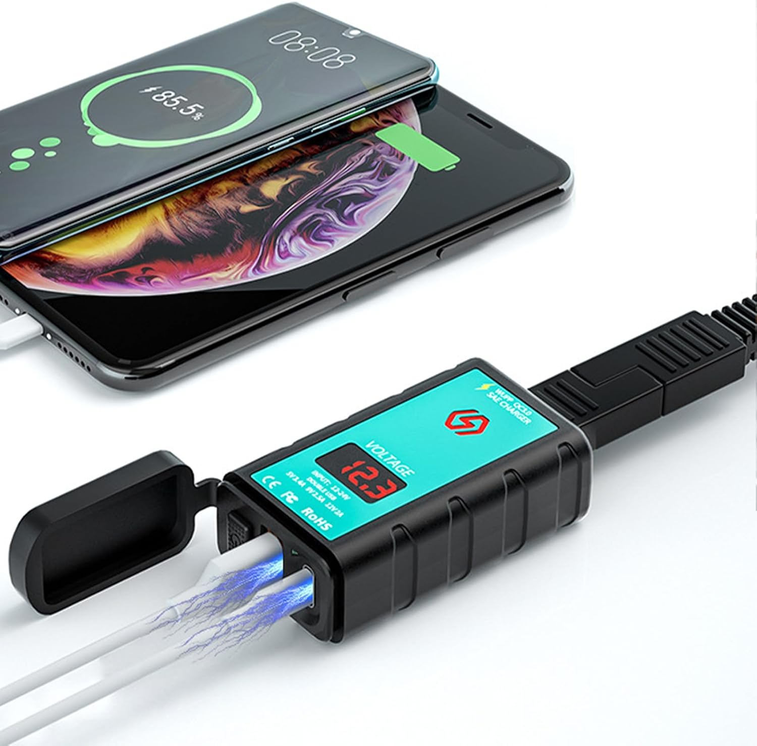 Motorcycle Phone Charger - Motorcycle SAE to USB Adapter with LED Voltmeter - Waterproof Boats Phone Accessories Adapter for Car, Atvs image number 4