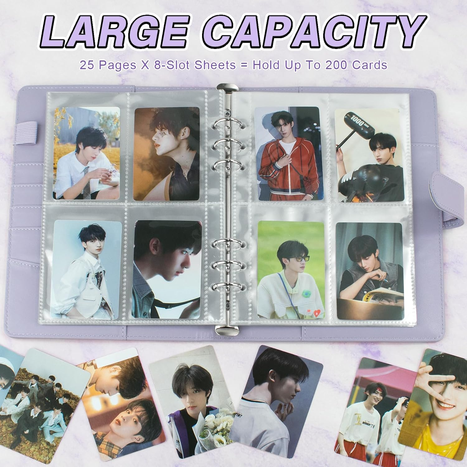 A5 Kpop Photocard Binder Album with 200 Card Slots, PU Leather Cover with Magnetic Buckle Closure for Organizing Trading Cards (Purple) - Black image number 7