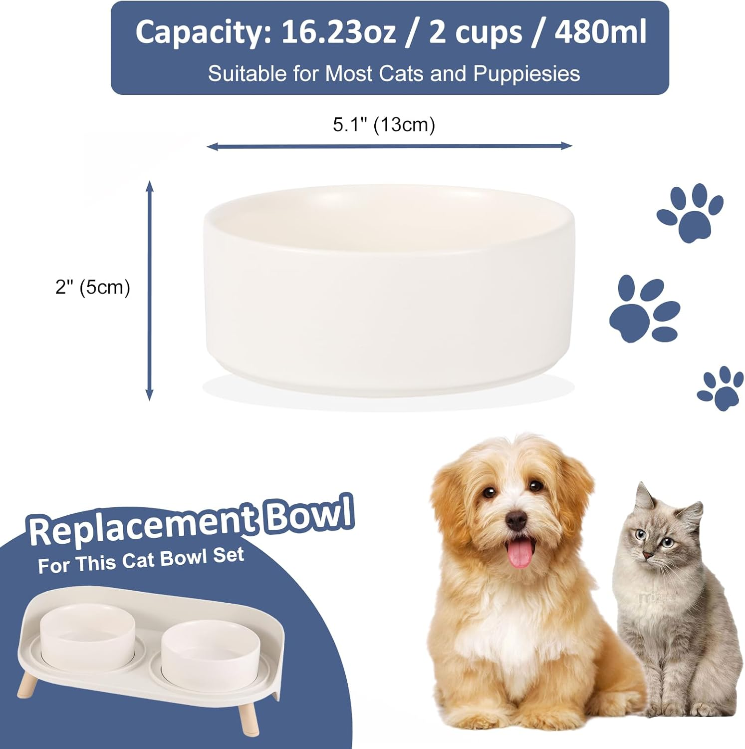 Ceramic Cat Bowl - Whisker Friendly Feeding and Water Bowl for Cats and Small Dogs - Heavy Anti-Tip Over, Spill Proof Pet Dish - 16.23 Oz / 480 Ml - White image number 5