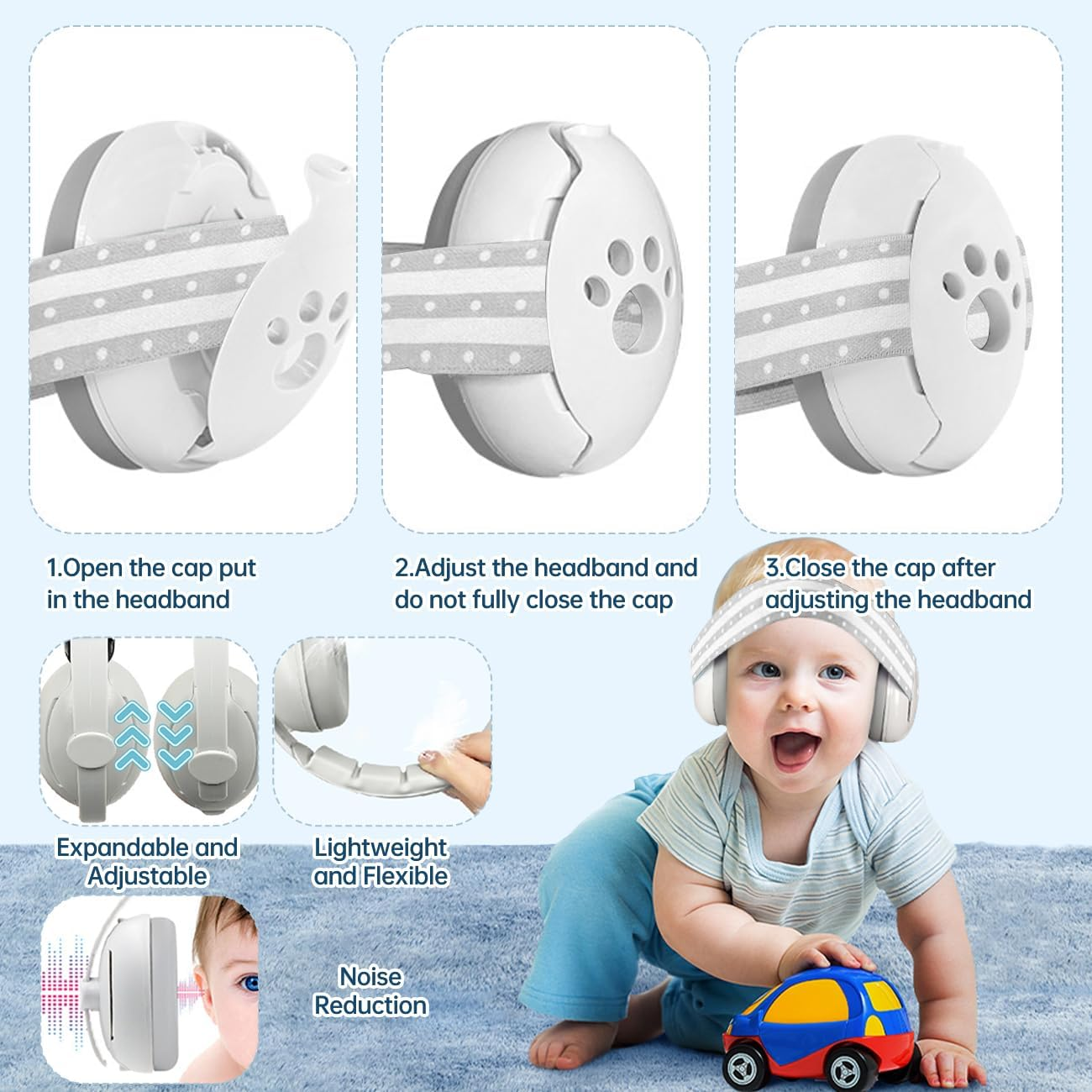 Baby Ear Protection, 2-In-1 Baby Ear Muffs Noise Protection, Earmuffs Adjustable, Baby Headphones with Stretch Band, Infant Hearing Protection,A Must-Have for Babies on the Go and Travelling