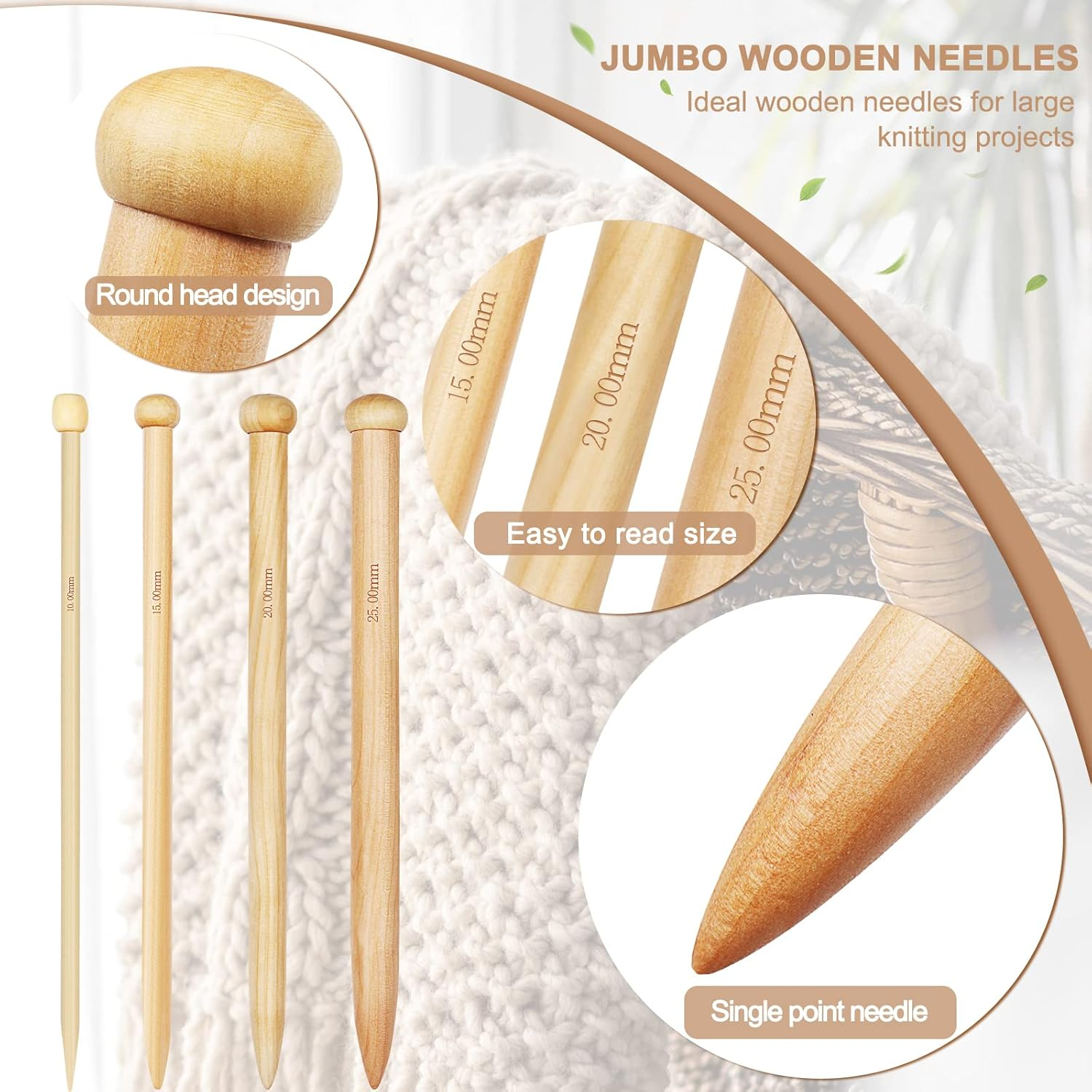 Aeelike 15Mm Knitting Needles, Thick Bamboo Knitting Needles 35Cm Long, Chunky Wooden Knitting Needles for Arthritic Hands, Large Knitting Needles 15Mm for Chunky Blanket Knitting image number 2